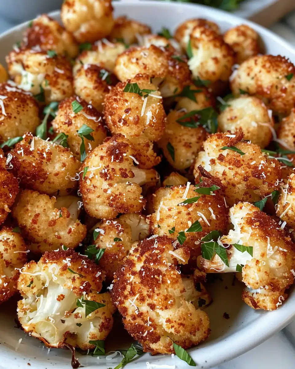 Golden brown Parmesan cauliflower bites served on plate