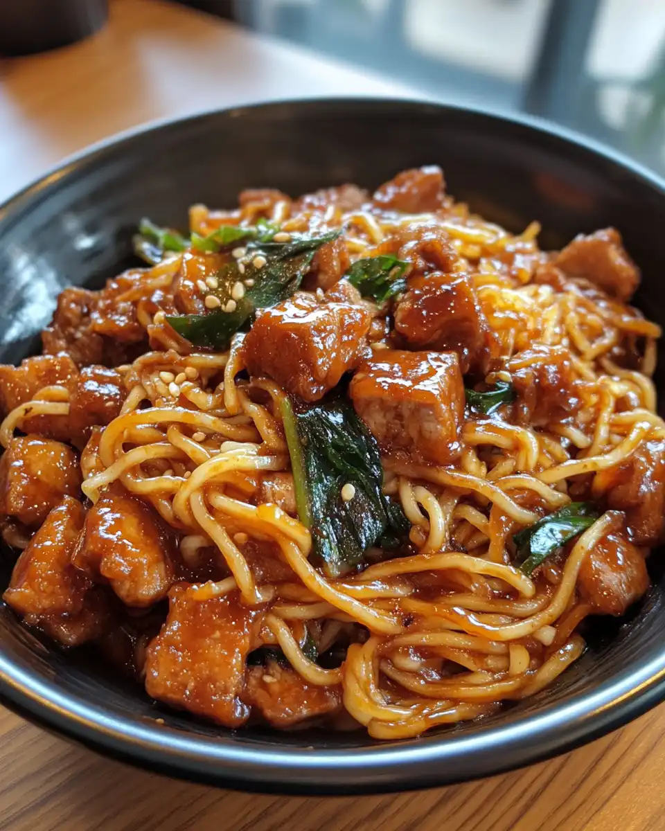 Ingredients laid out for pressure cooker crispy pork with spicy saucy noodles