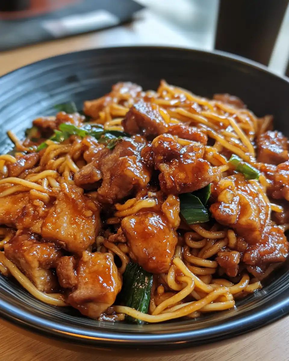 Served plate of crispy pork with spicy saucy noodles garnished with cashews and green onions