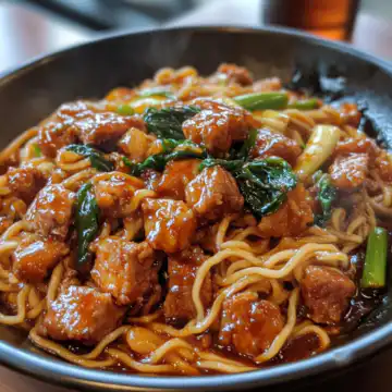 Crispy Pork with Spicy Saucy Noodles taken with iphone 15 pro max --iw 2 --ar 4:5 --v 6.1 --raw