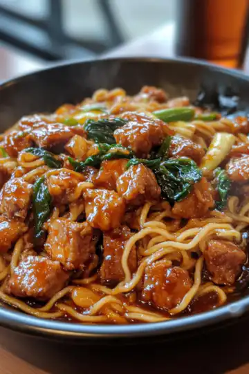 Crispy Pork with Spicy Saucy Noodles taken with iphone 15 pro max --iw 2 --ar 4:5 --v 6.1 --raw