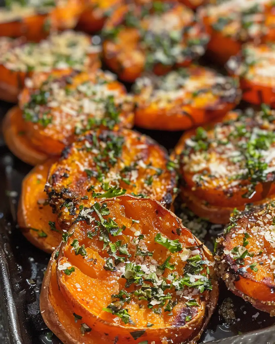 Final golden crispy garlic herb potato stacks served