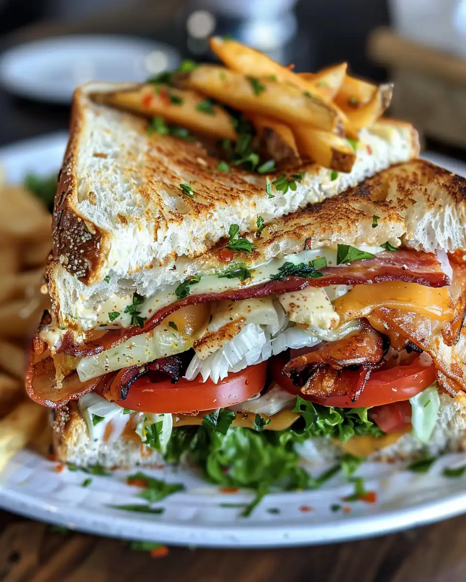 Finished chicken club sandwich with melty cheese and crispy bacon