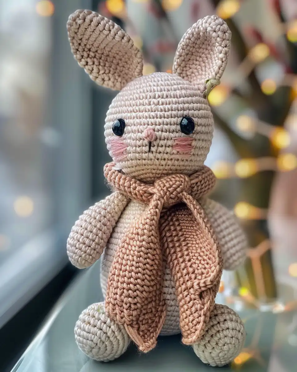 Ingredients for crochet amigurumi bunny project laid out on a table