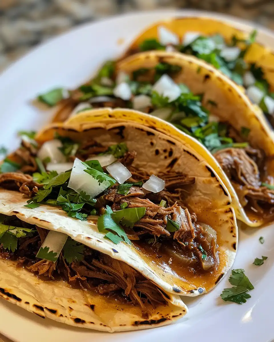 Shredded birria beef ready for tacos in slow cooker