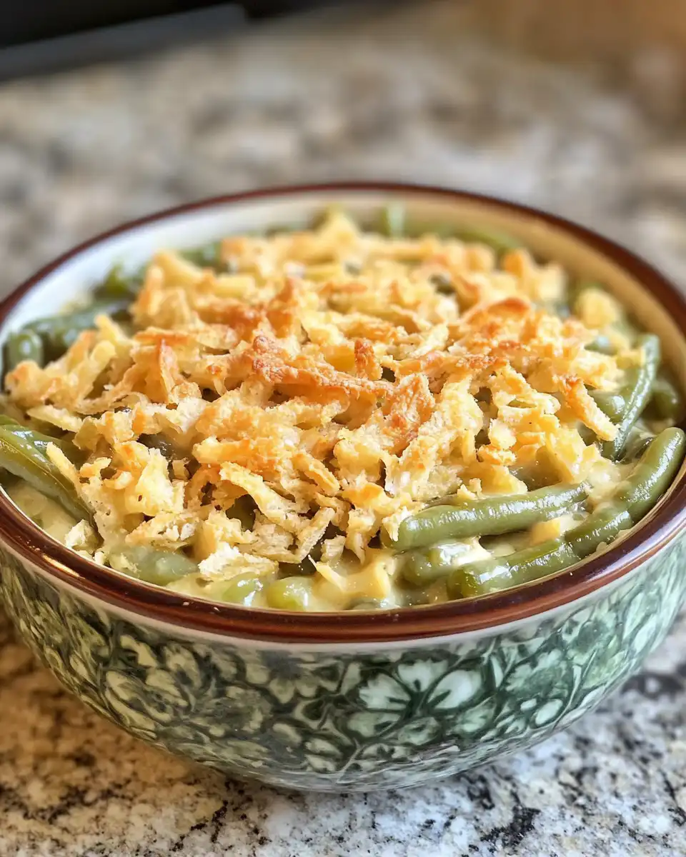 Final green bean casserole with crispy topping