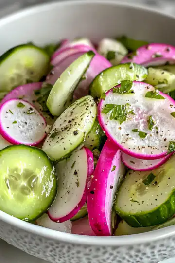 Cucumber Radish Salad taken with iphone 15 pro max --iw 2 --ar 4:5 --v 6.1 --raw