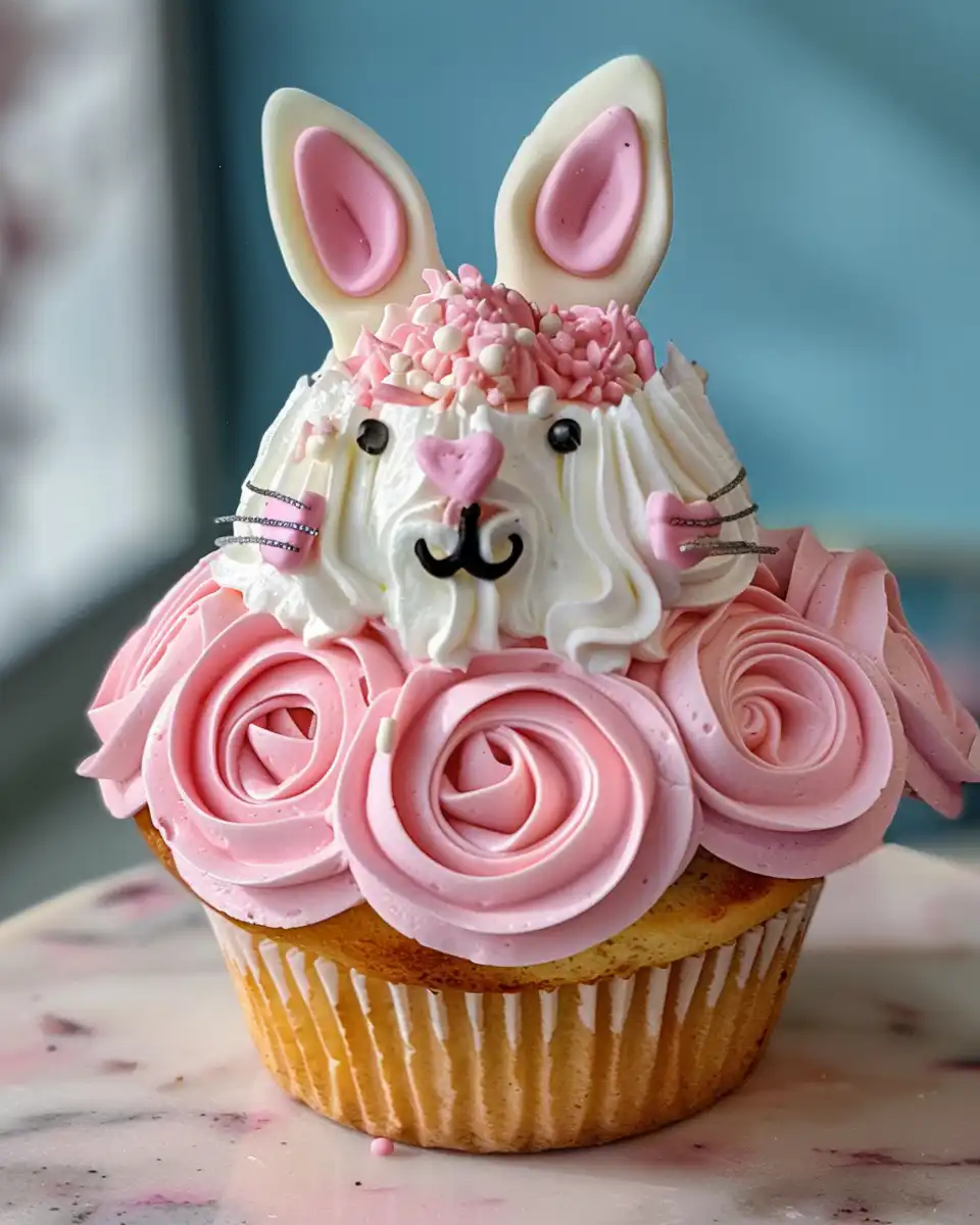Finished Easter bunny cake decorated with frosting, coconut, jelly beans, and ribbon