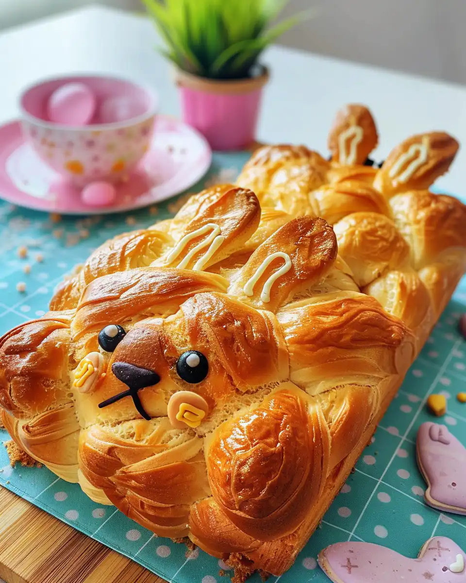 Freshly decorated Easter bunny bread bowl with chocolate chip eyes