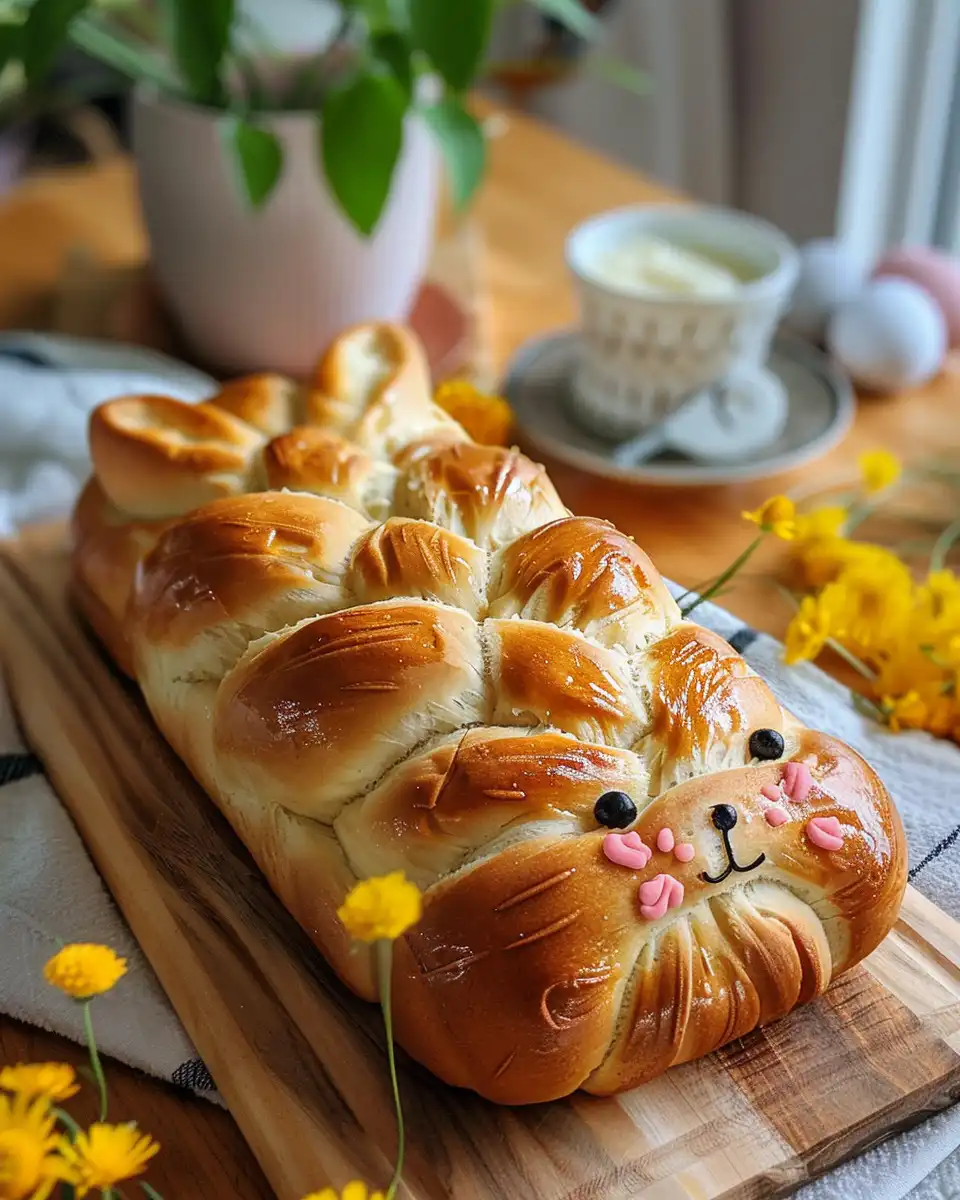 Finished bunny bread bowl decorated with eyes, nose, and parsley grass