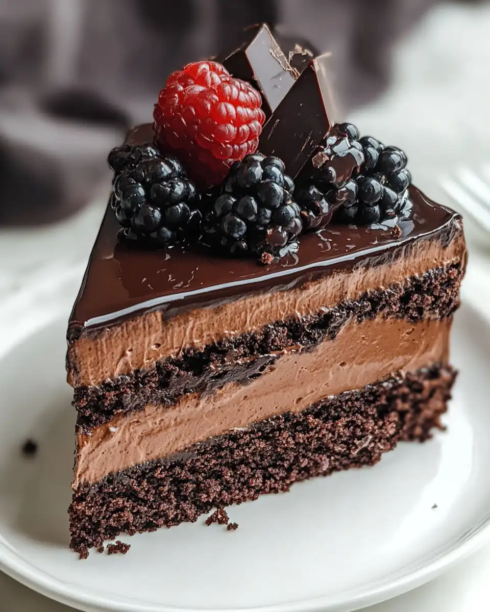 Finished chocolate mousse cake served with fresh raspberries and espresso beans