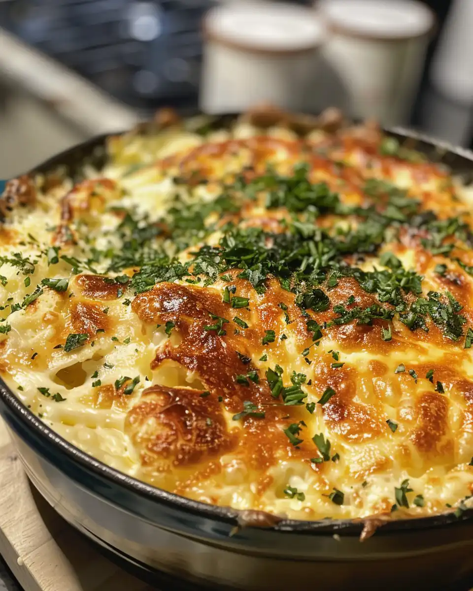 Golden baked dish fresh out of the oven with a golden crust