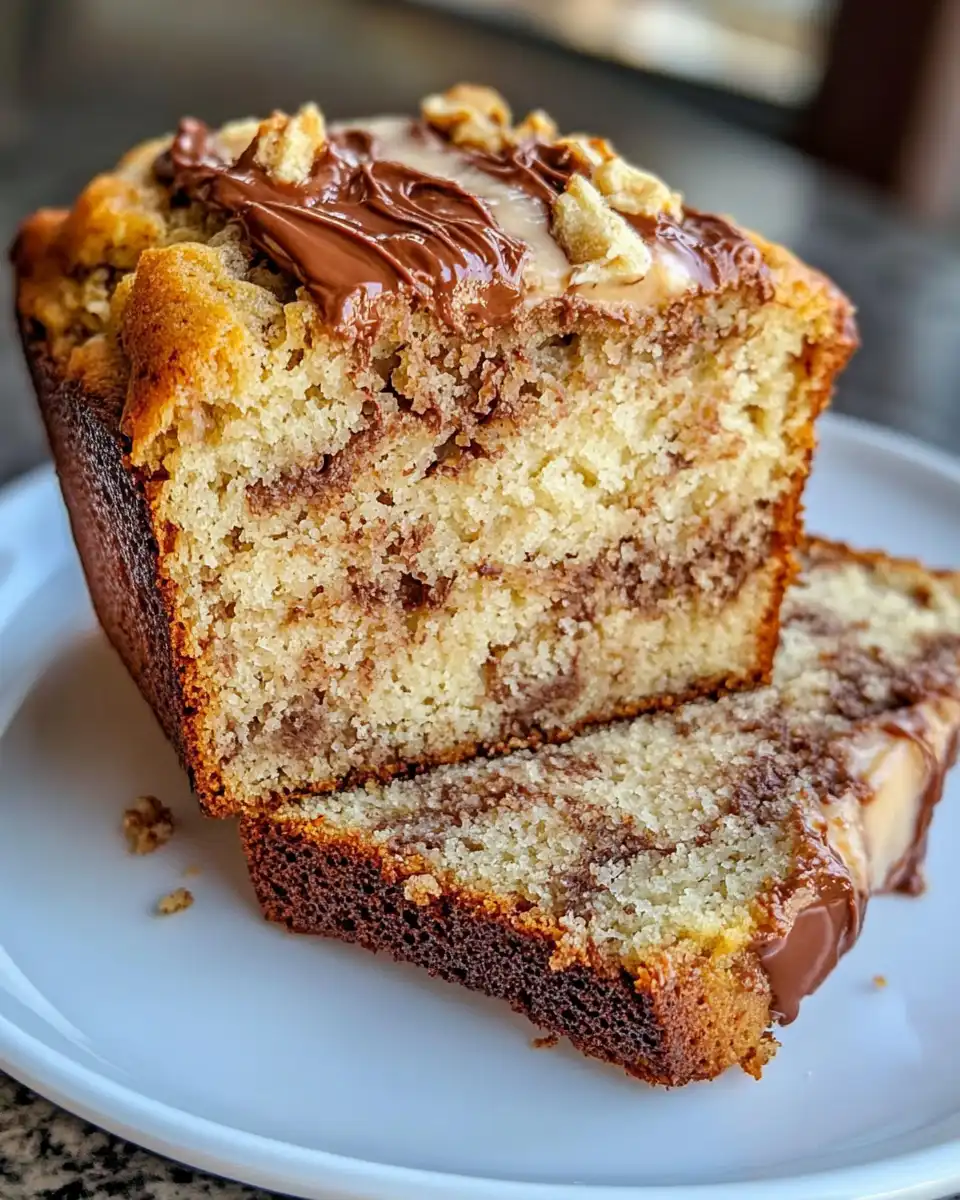 Slice of Nutella swirl banana bread showing moist texture and chocolate swirls