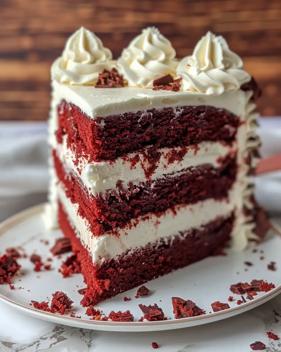 Final decorated red velvet cheesecake layer cake slice on plate