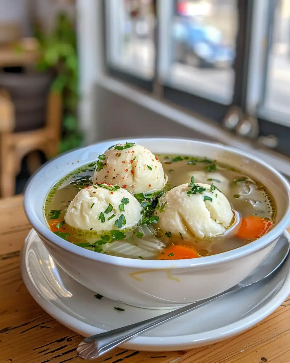 Plated matzah ball soup with fresh herbs and broth
