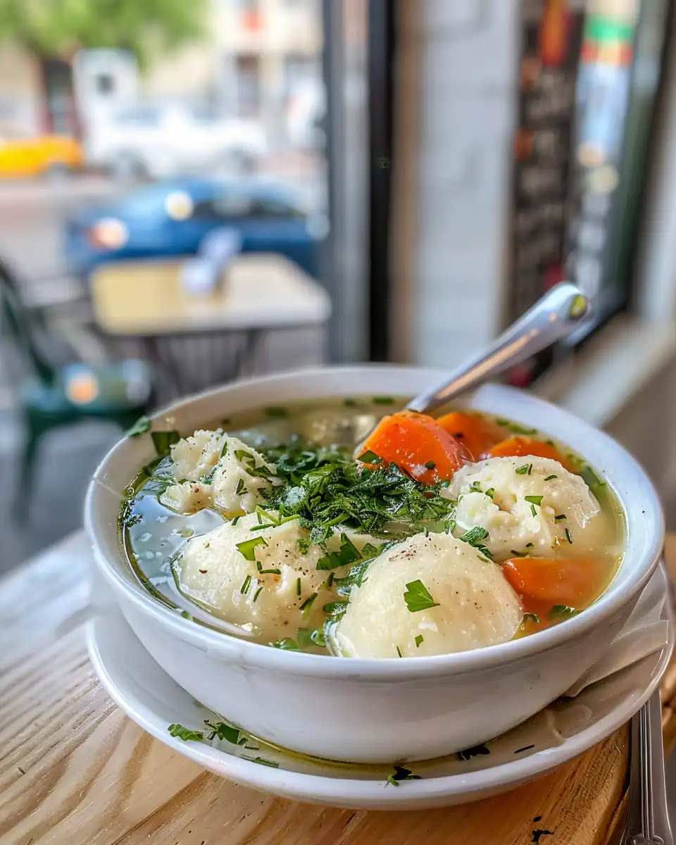 Freshly cooked matzah balls in soup with steam rising