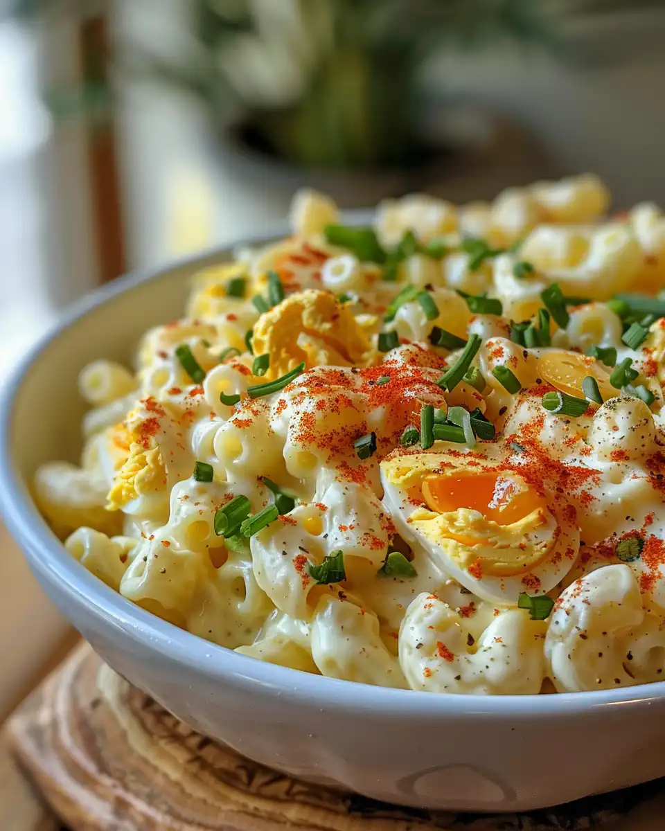 Ingredients for deviled egg macaroni salad in a bowl