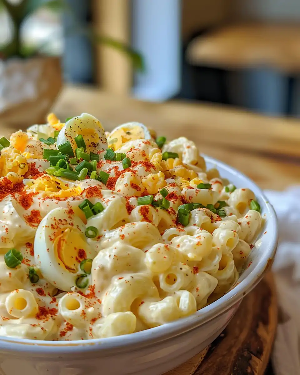Final creamy deviled egg macaroni salad served cold