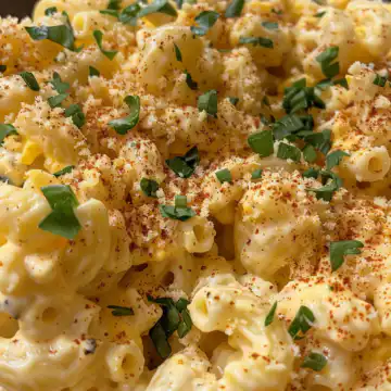 Deviled Egg Macaroni Salad taken with iphone 15 pro max --iw 2 --ar 4:5 --v 6.0 --raw