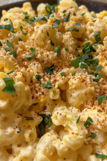 Deviled Egg Macaroni Salad taken with iphone 15 pro max --iw 2 --ar 4:5 --v 6.0 --raw