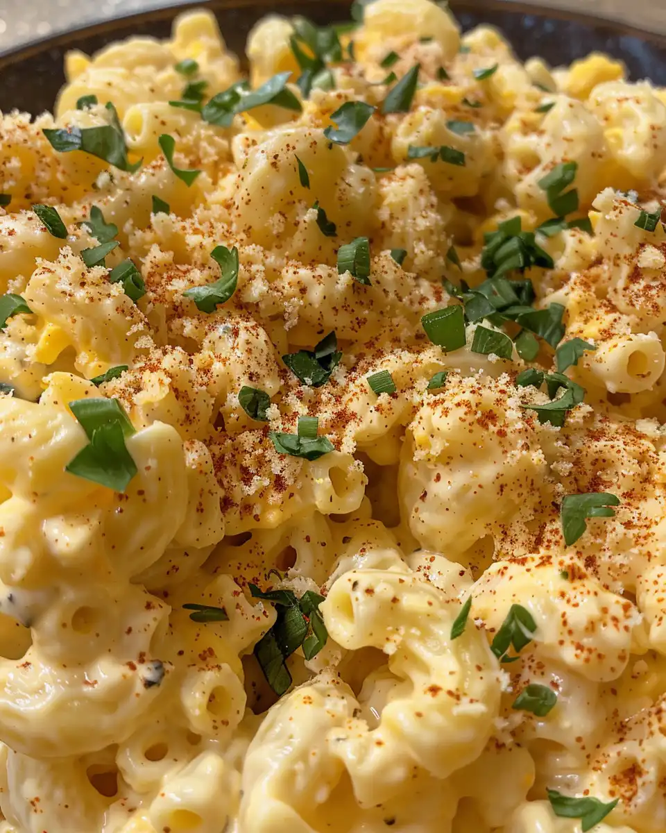 Deviled egg macaroni salad fresh and ready to serve