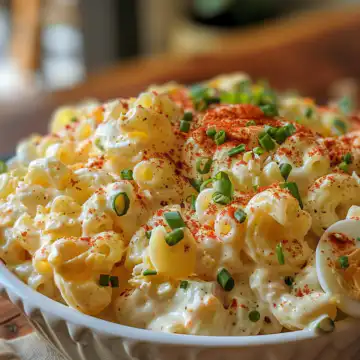 Deviled Egg Macaroni Salad taken with iphone 15 pro max --iw 2 --ar 4:5 --v 6.0 --raw