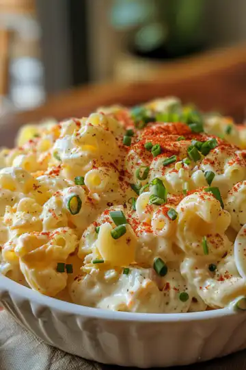 Deviled Egg Macaroni Salad taken with iphone 15 pro max --iw 2 --ar 4:5 --v 6.0 --raw