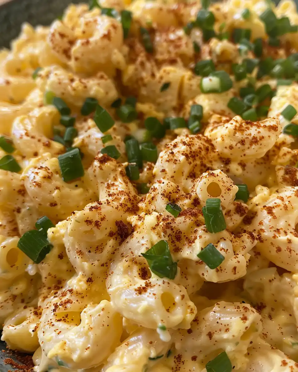 Ingredients for deviled egg macaroni salad mixed in a bowl