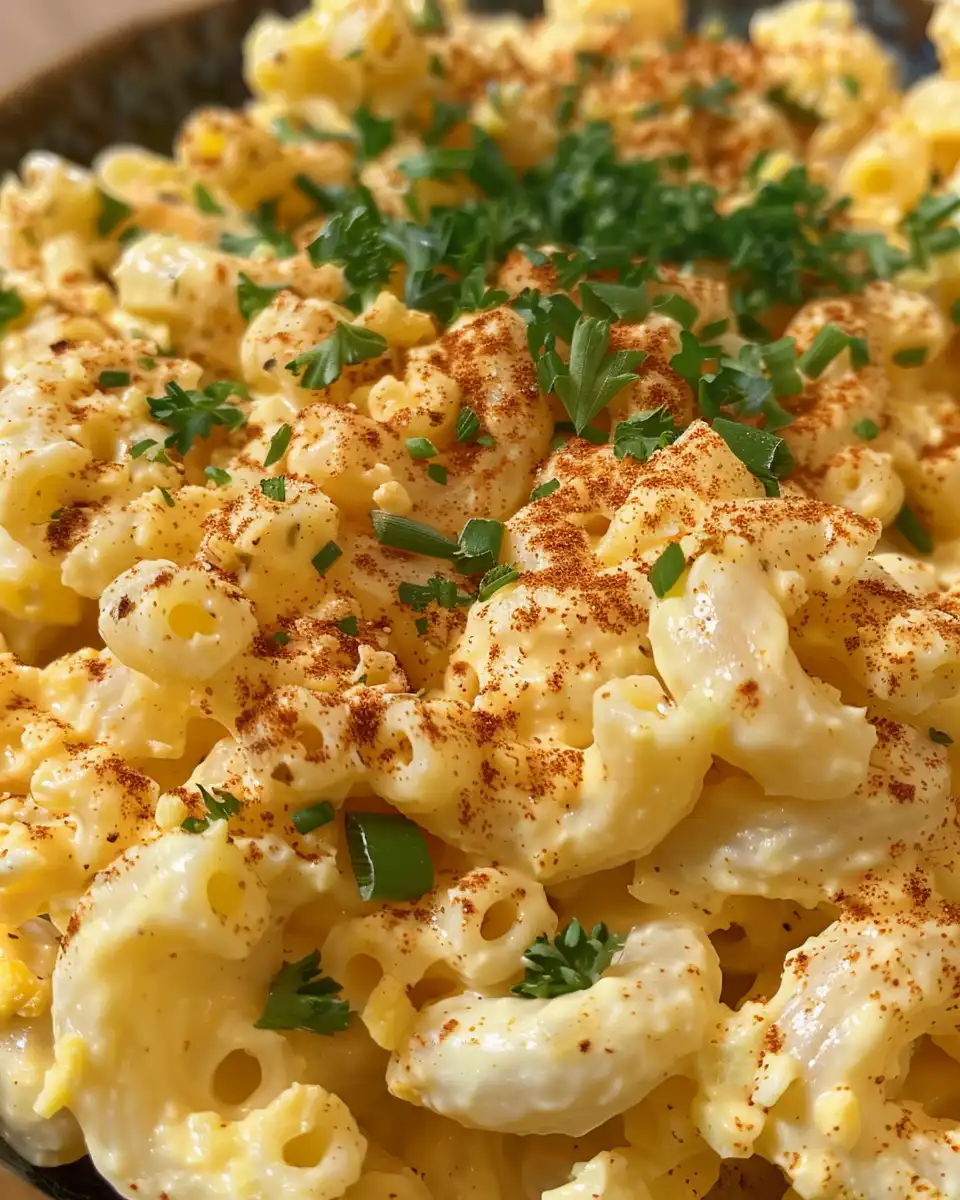 Deviled egg macaroni salad served chilled