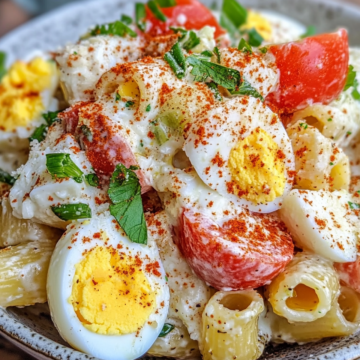 Deviled Egg Pasta Salad taken with iphone 15 pro max --iw 2 --ar 4:5 --v 6.1 --raw