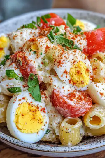Deviled Egg Pasta Salad taken with iphone 15 pro max --iw 2 --ar 4:5 --v 6.1 --raw