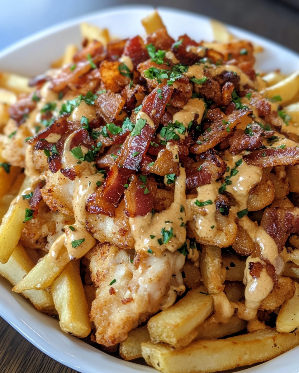 Ingredients for loaded fries including chicken nuggets, bacon, cheese, and green chilies on counter
