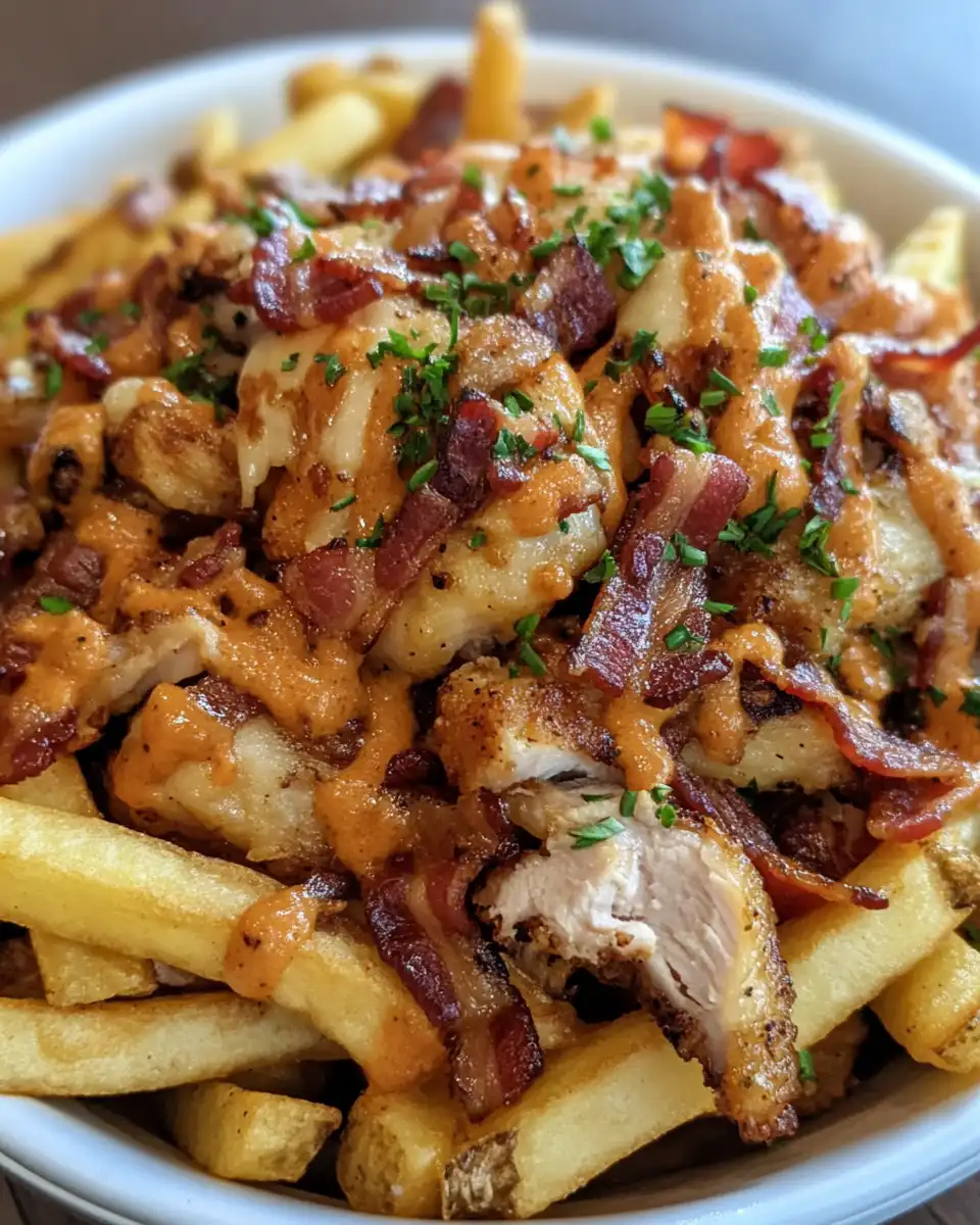 Close up of cheesy loaded fries topped with chicken, bacon, and ranch dressing ready to eat