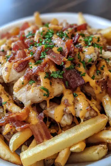 Dirty Chicken and Bacon Loaded Fries taken with iphone 15 pro max --iw 2 --ar 4:5 --v 6.1 --raw