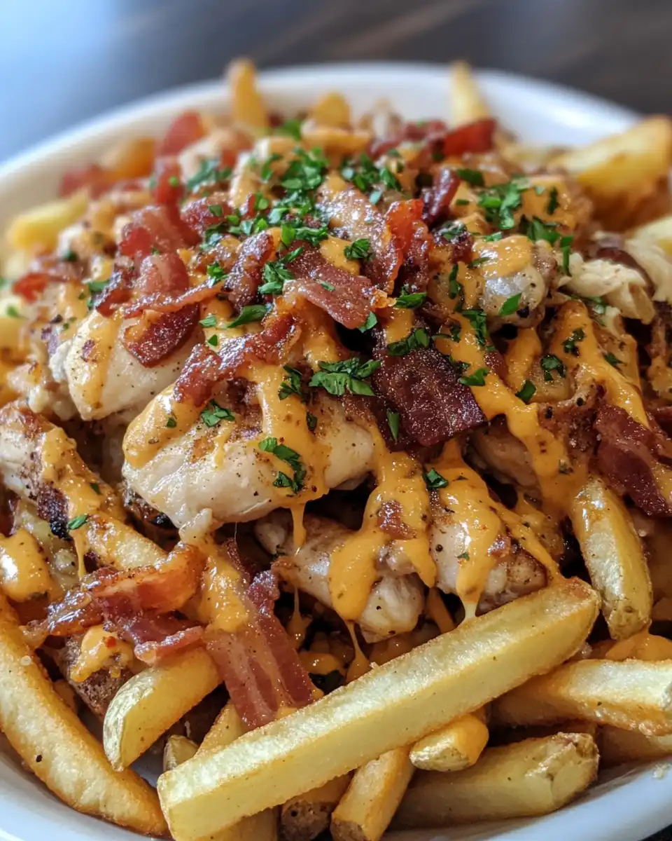 Loaded fries with chicken, bacon, and cheese fresh out of the pressure cooker