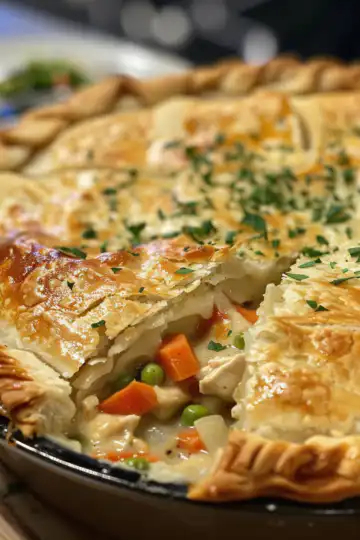 Double crust chicken pot pie taken with iphone 15 pro max --iw 2 --ar 4:5 --v 6.0 --raw