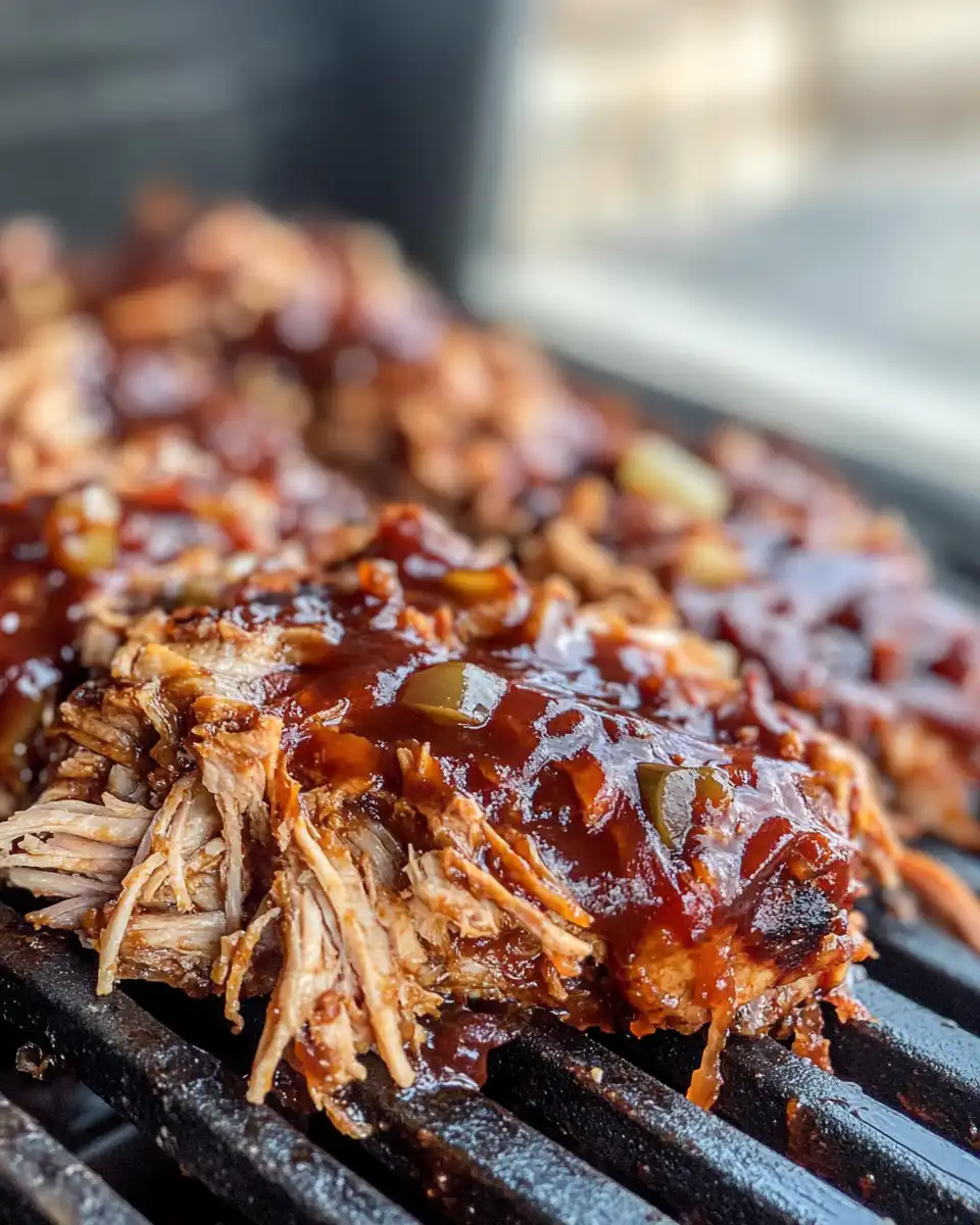 Close-up of flavorful pulled pork sizzling in cooking liquid