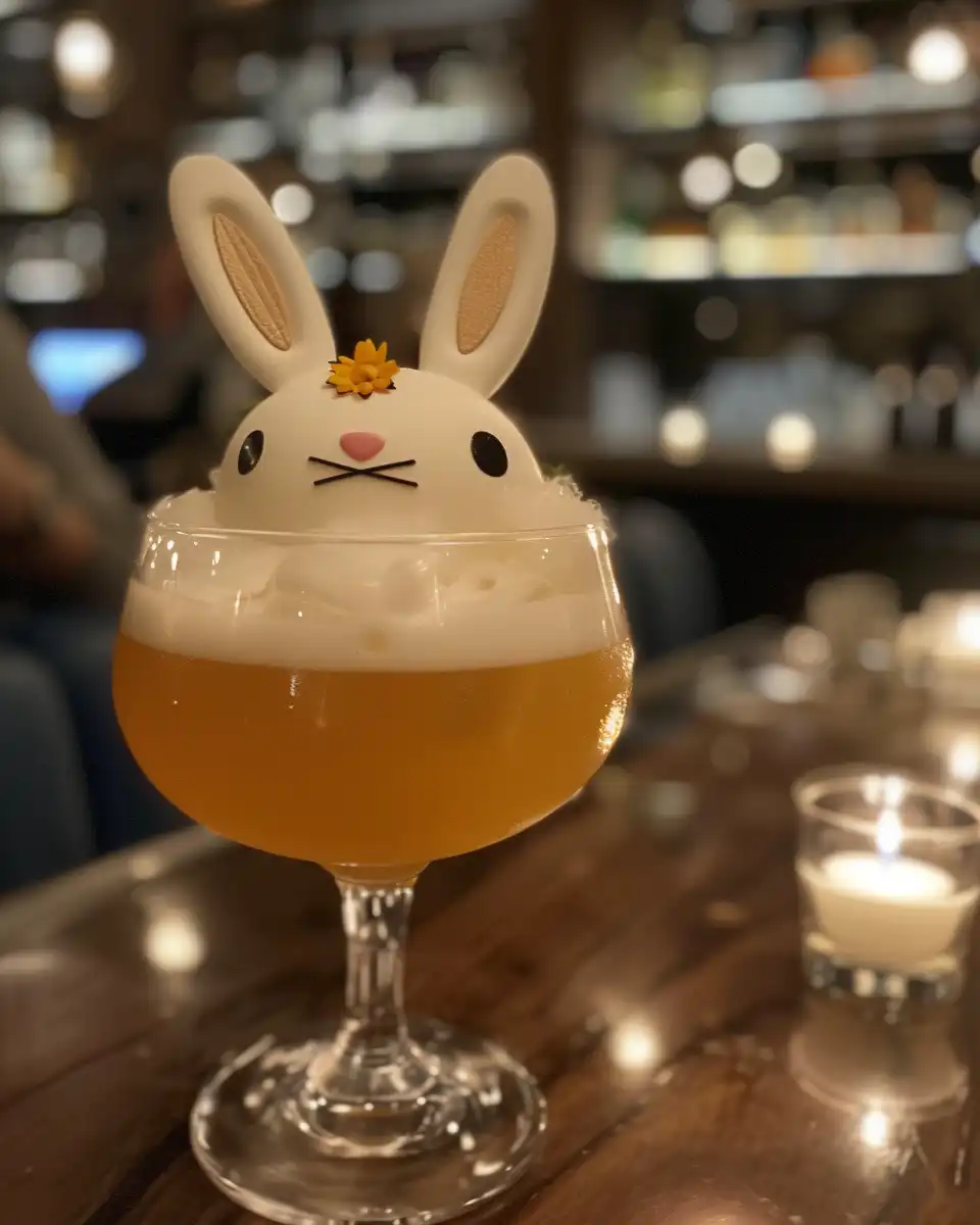 Ingredients for Drunk Bunny Cocktail including coconut rum, strawberry lemonade, ice cubes, and garnishes