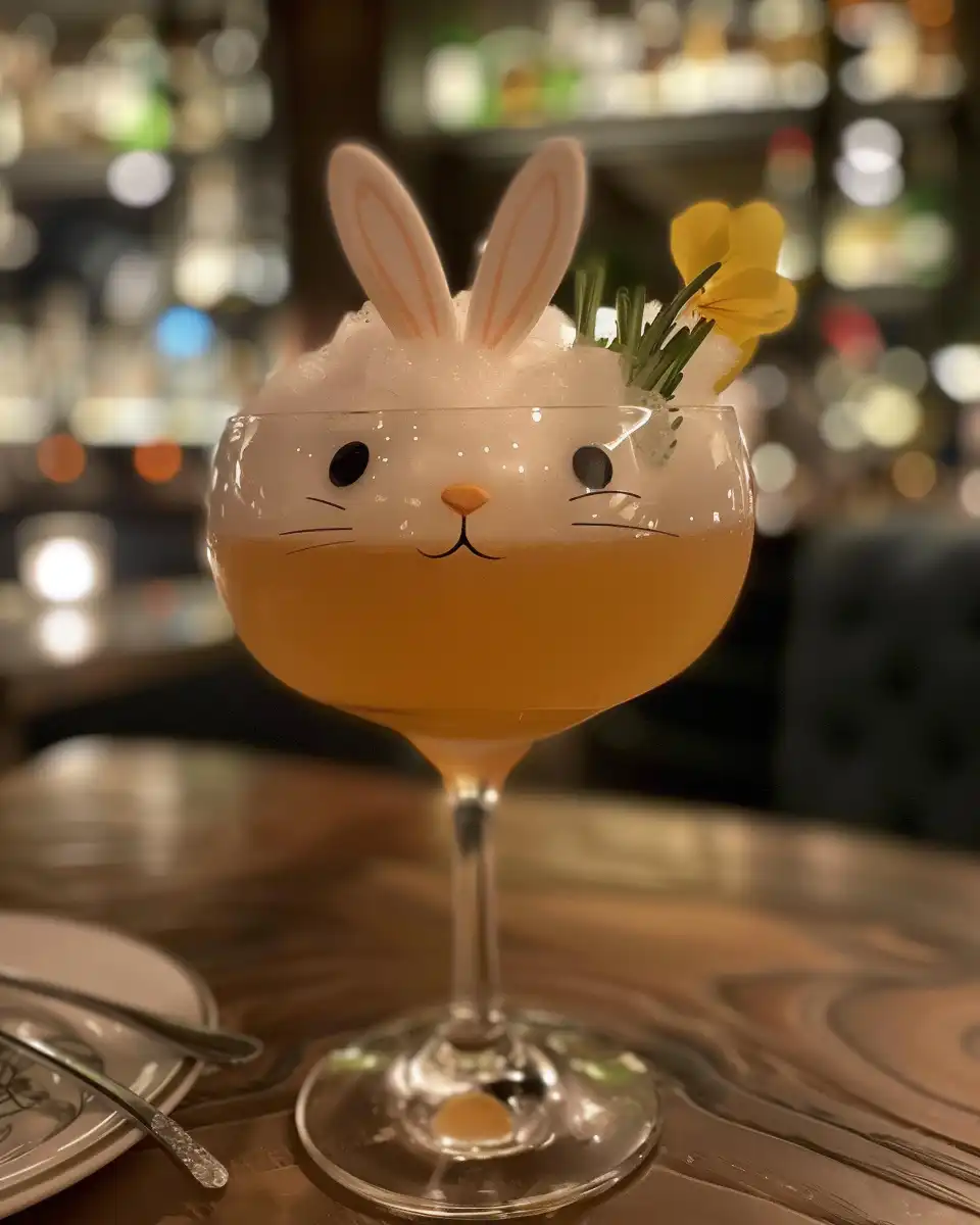 Finished Drunk Bunny Cocktail on a table with garnish and ice, ready to drink