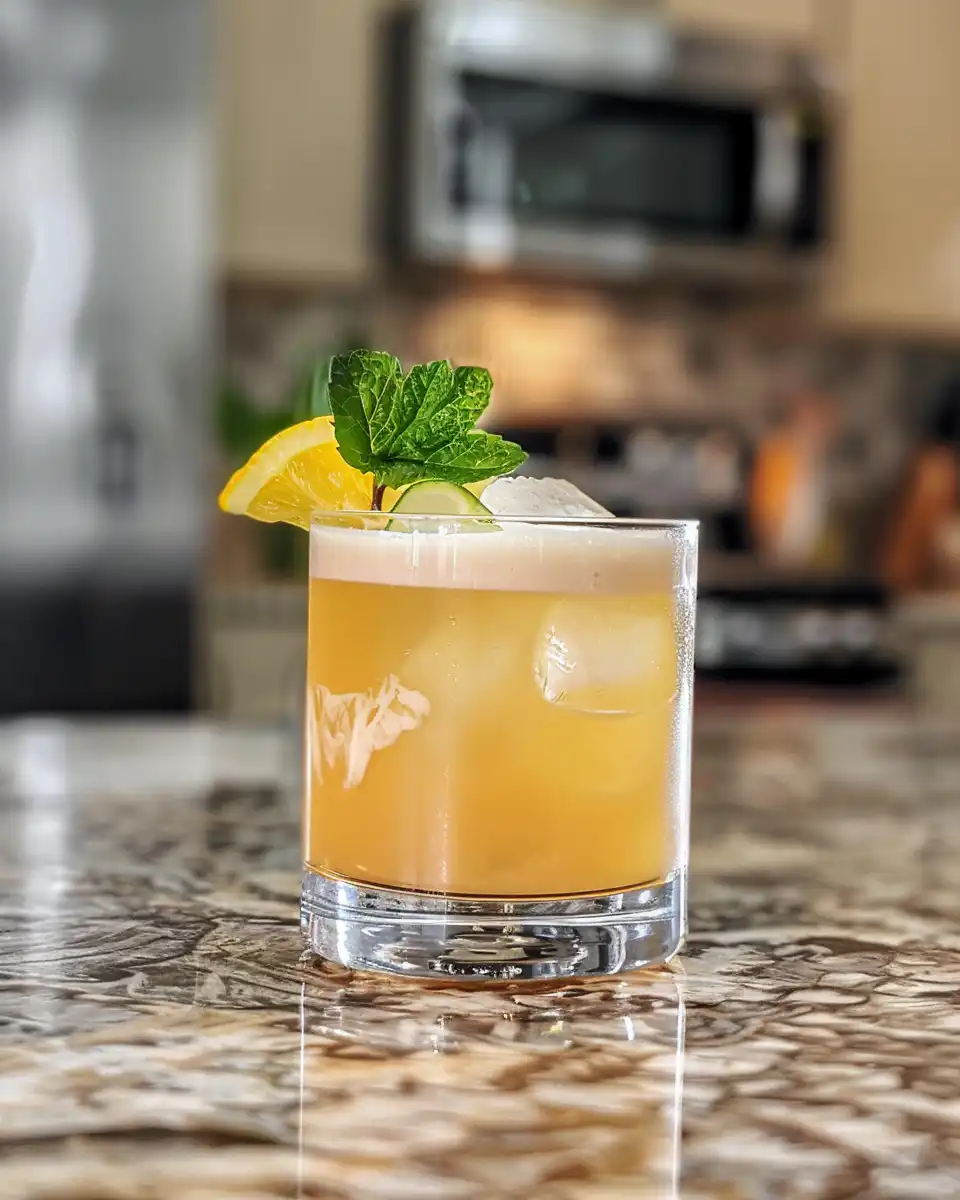 Finished coconut rum strawberry lemonade cocktail with garnish in glass