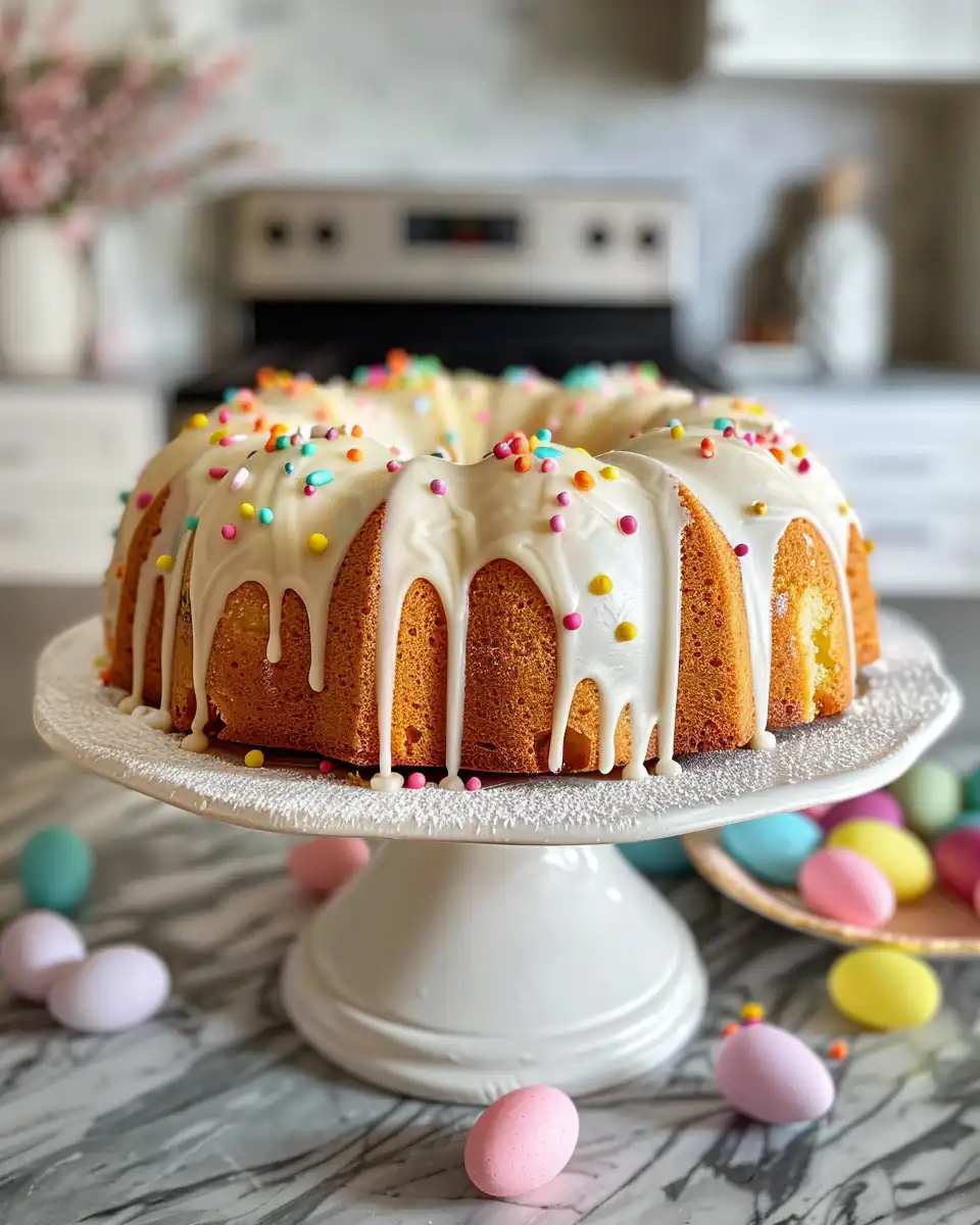 Slice of Easter cake with cream cheese frosting and candy eggs