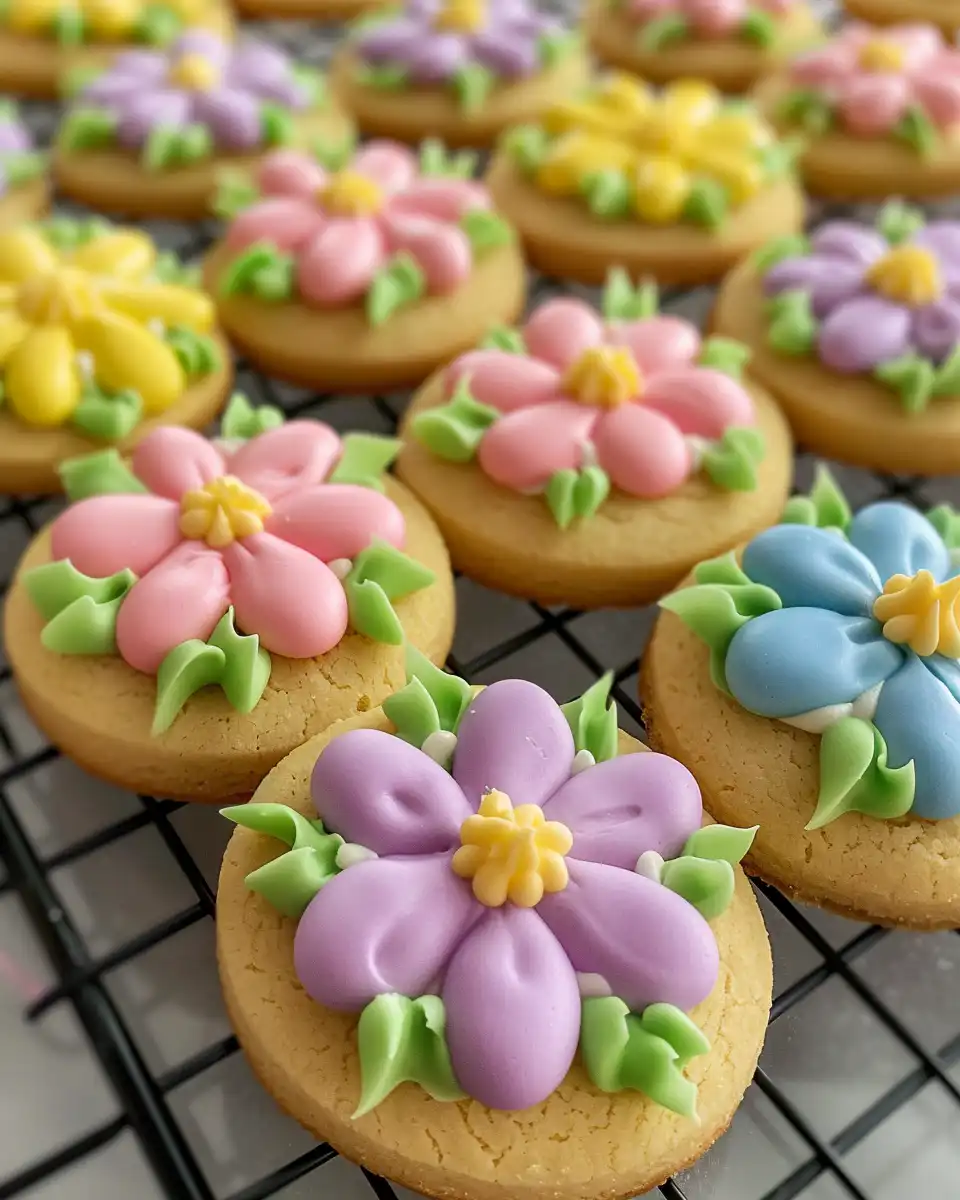 Freshly baked Easter Blossom Cookies cooling on wire rack