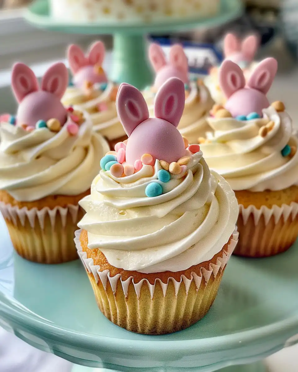 Decorated vegan Easter egg cupcakes with colorful frosting and sprinkles on a serving platter