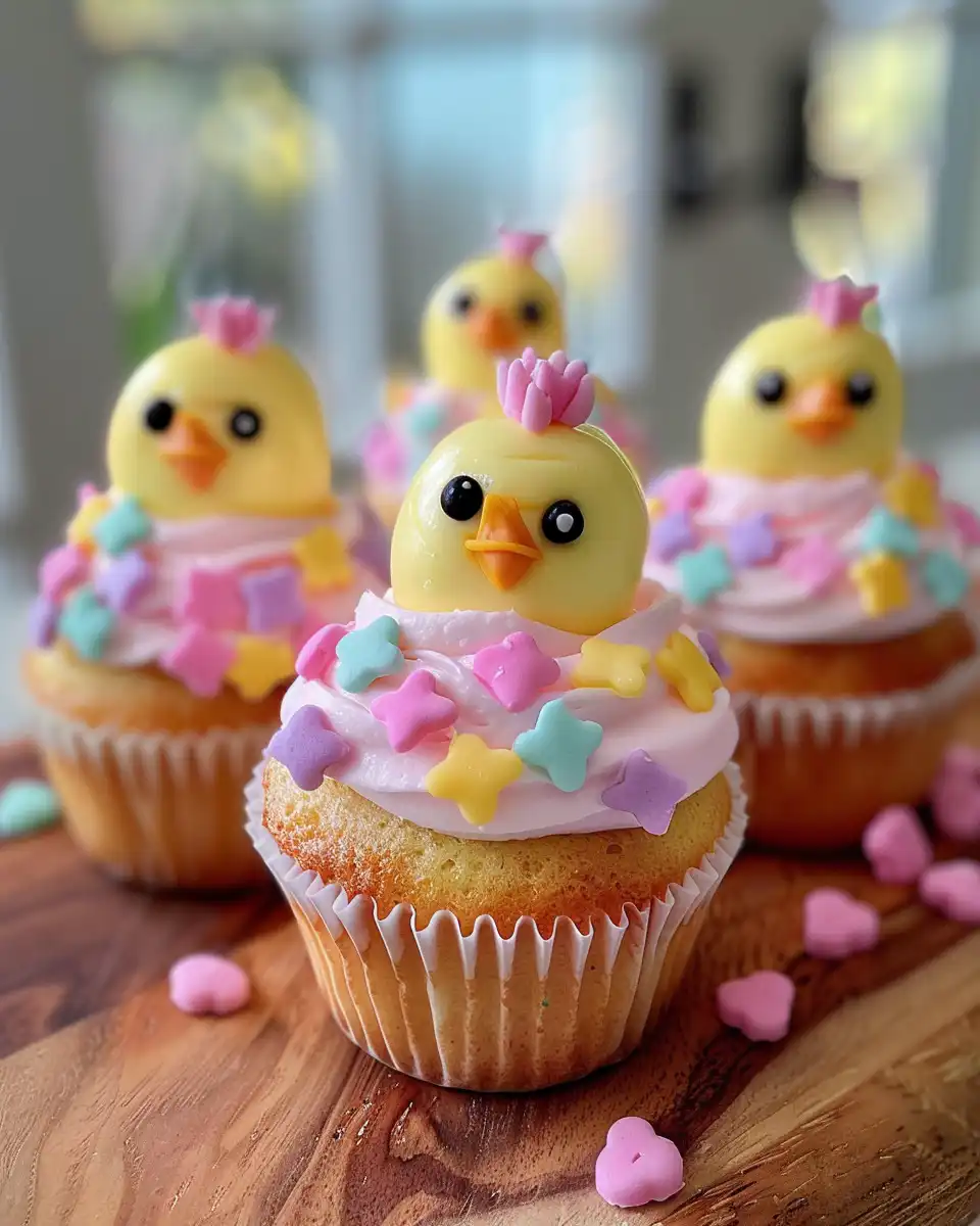 Ingredients and decorative elements for Easter chick cupcakes arranged on table