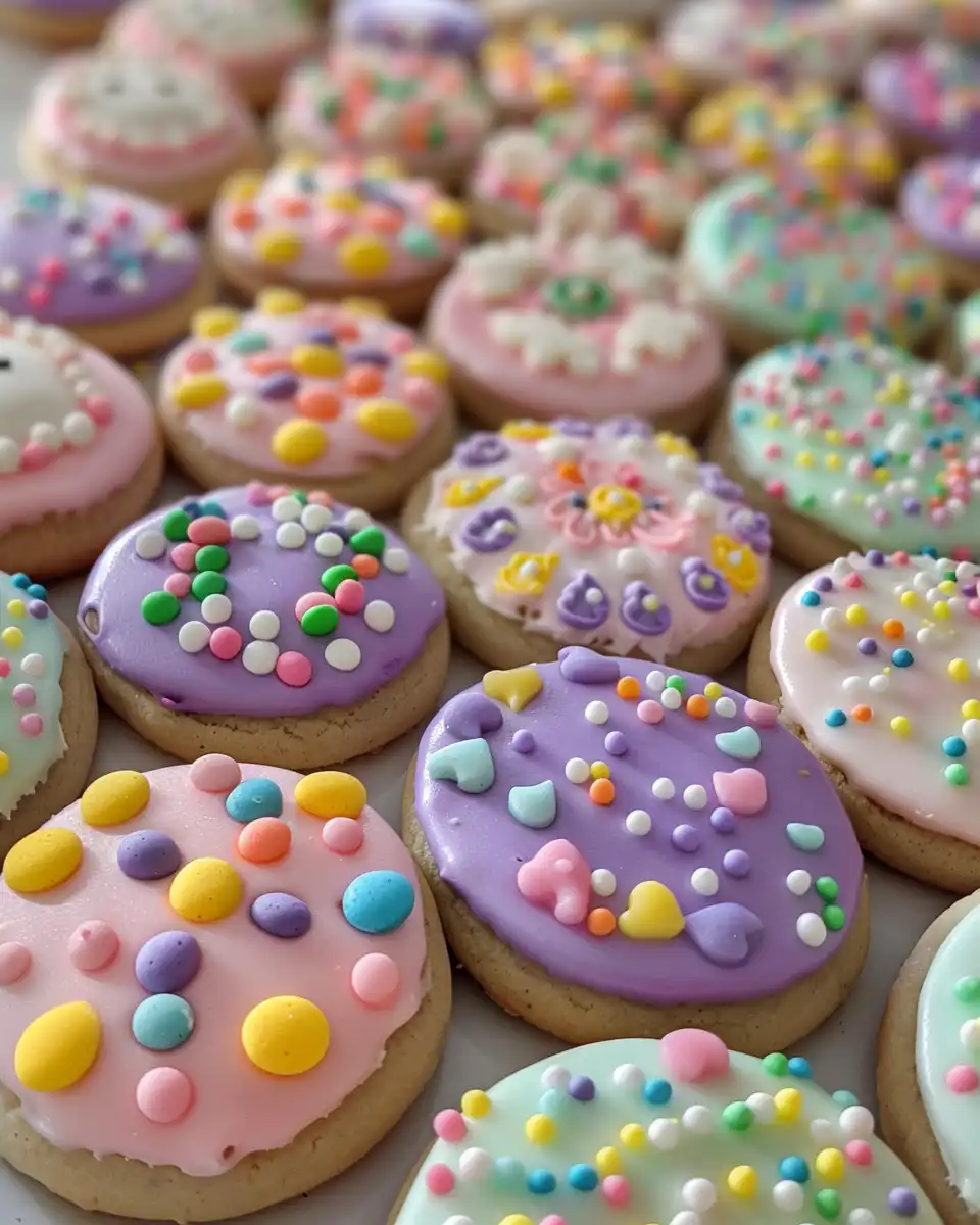 Ingredients for Easter cookies including flour, sugar, butter, and decorating supplies