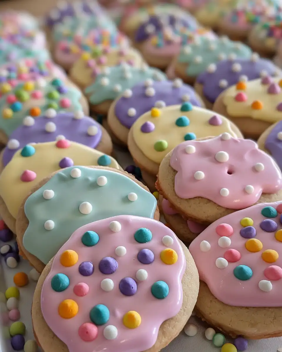 Decorating Easter cookies with pastel icing and marshmallow bunny tails
