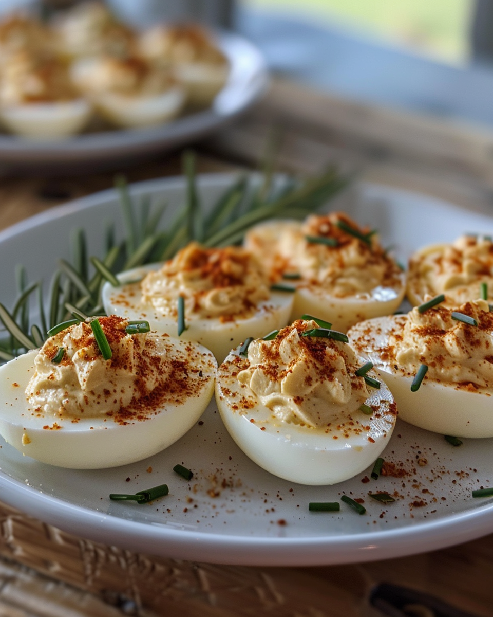 Close up of Easter Bunny Deviled Eggs fresh and ready