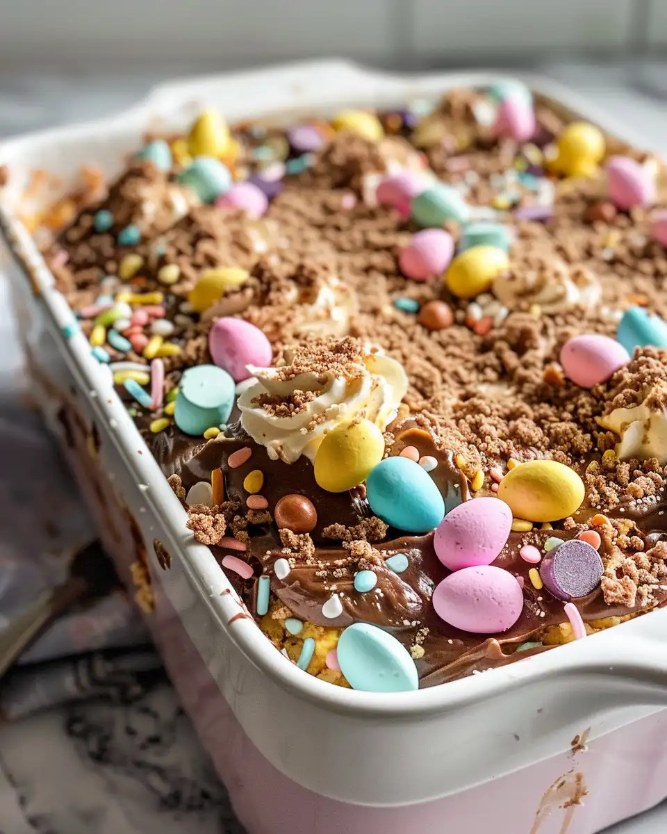 Ingredients for Easter Dirt Cake Casserole including crushed Oreos and cream cheese mix