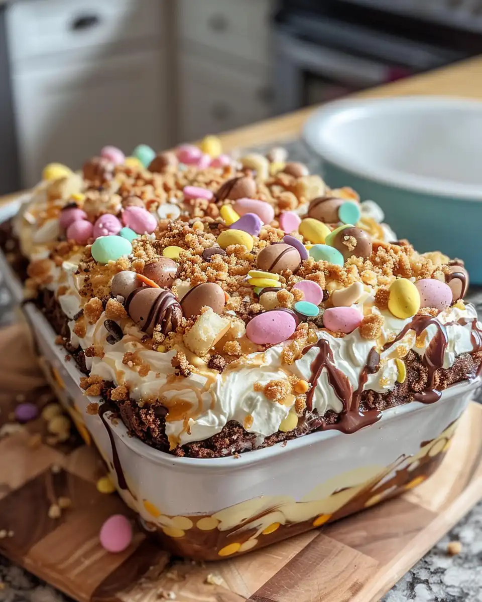 Close-up of decorated Easter Dirt Cake Casserole ready to serve