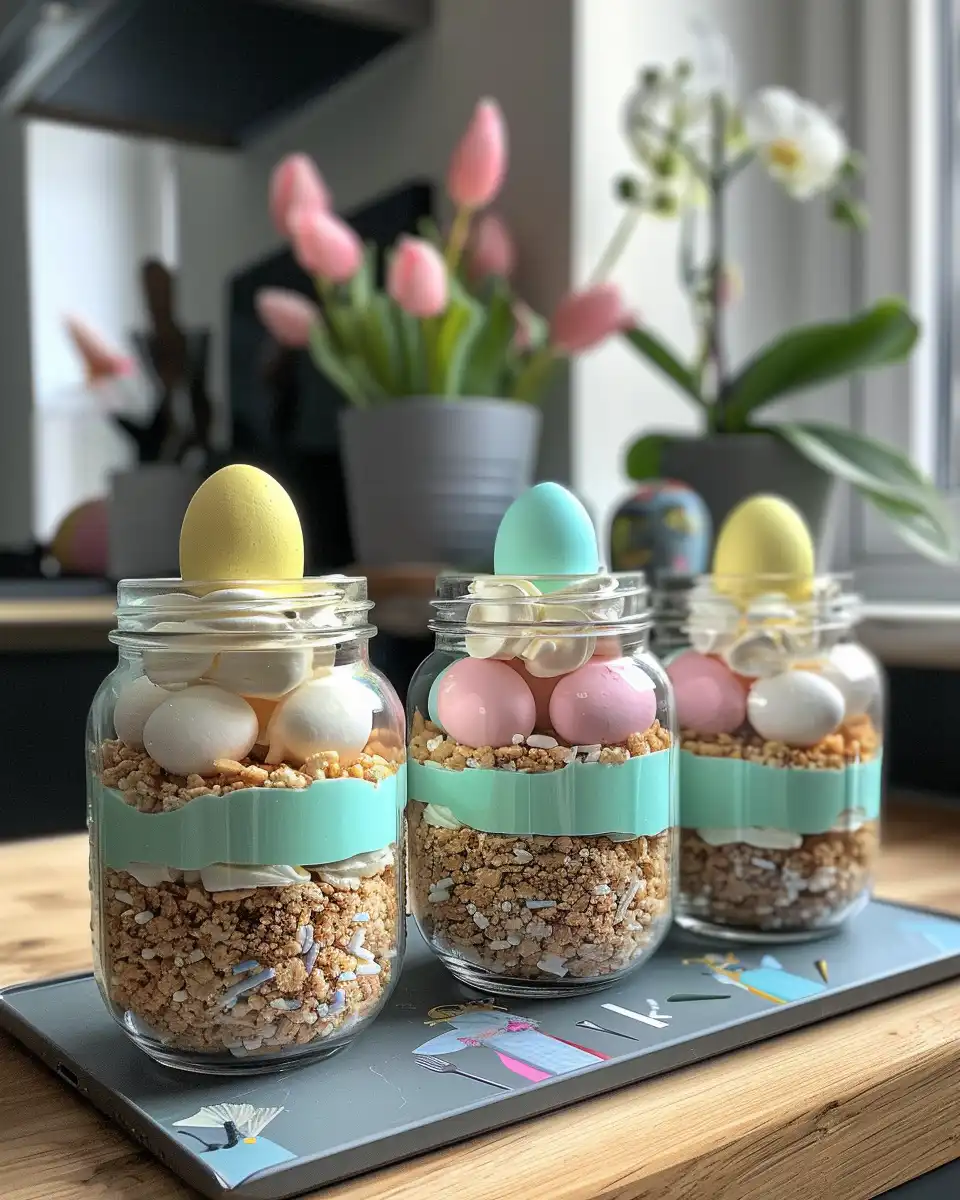 Ingredients prepared for mini egg cheesecake jars including cream cheese and mini eggs